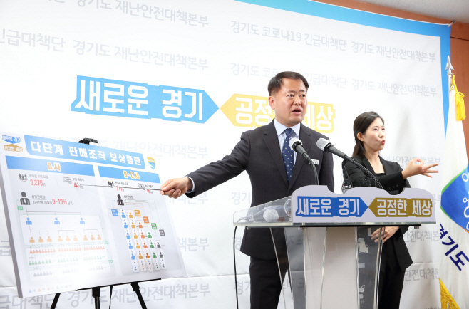 19일 오전 도청 브리핑룸에서 김영수 경기도 공정특별사법경찰단장이 불법 다단계판매조직 · 선불식 상조업자 적발 관련 언론 브리핑을 하고 있다./제공 = 경기도