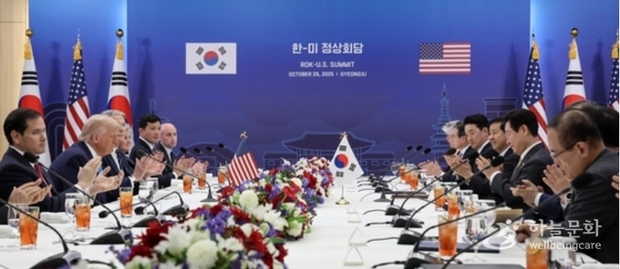 이재명 대통령과 도널드 트럼프 미국 대통령이 29일 경북 경주박물관에서 한미 정상회담을 하고 있다